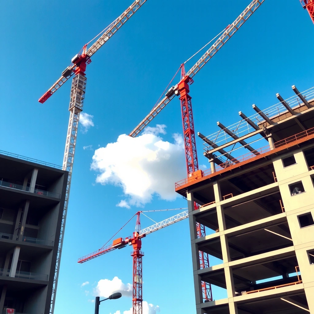 Modern construction site with cranes and steel framework